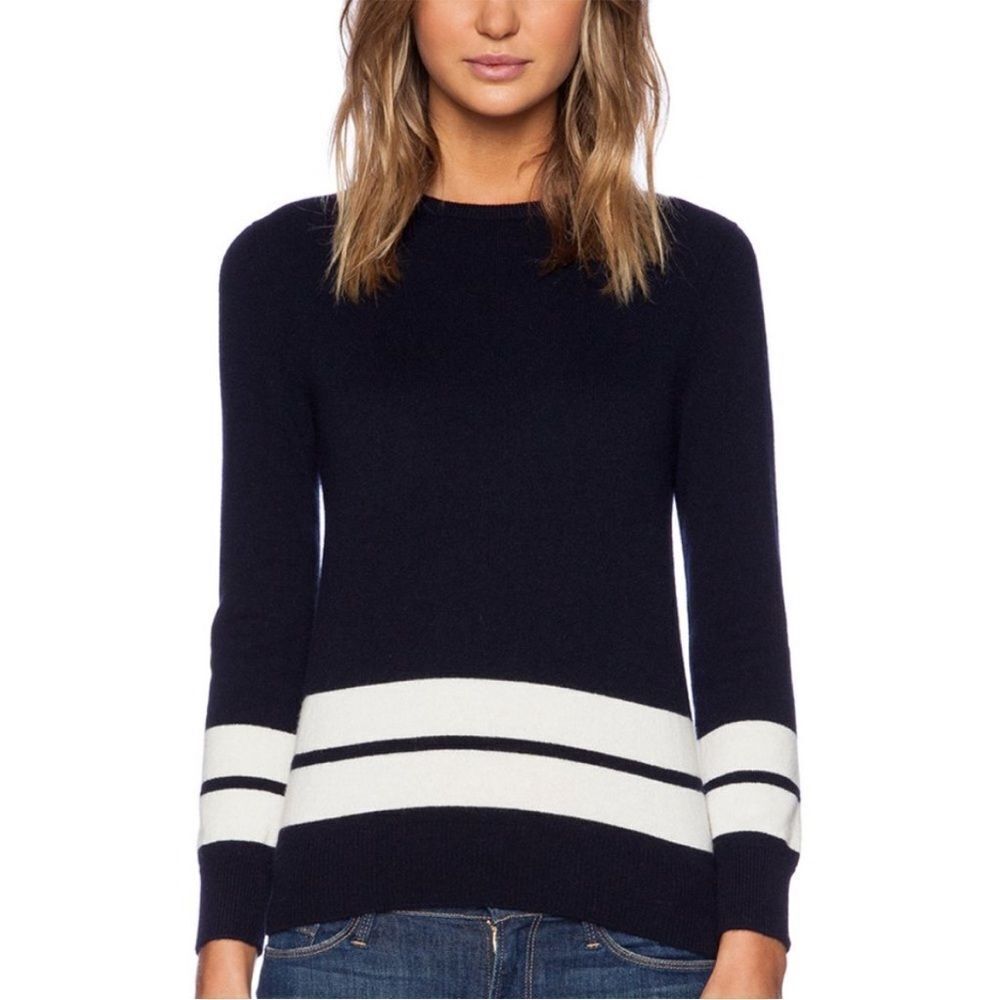 Demylee 100% cashmere navy and white stripe crewneck sweater‎